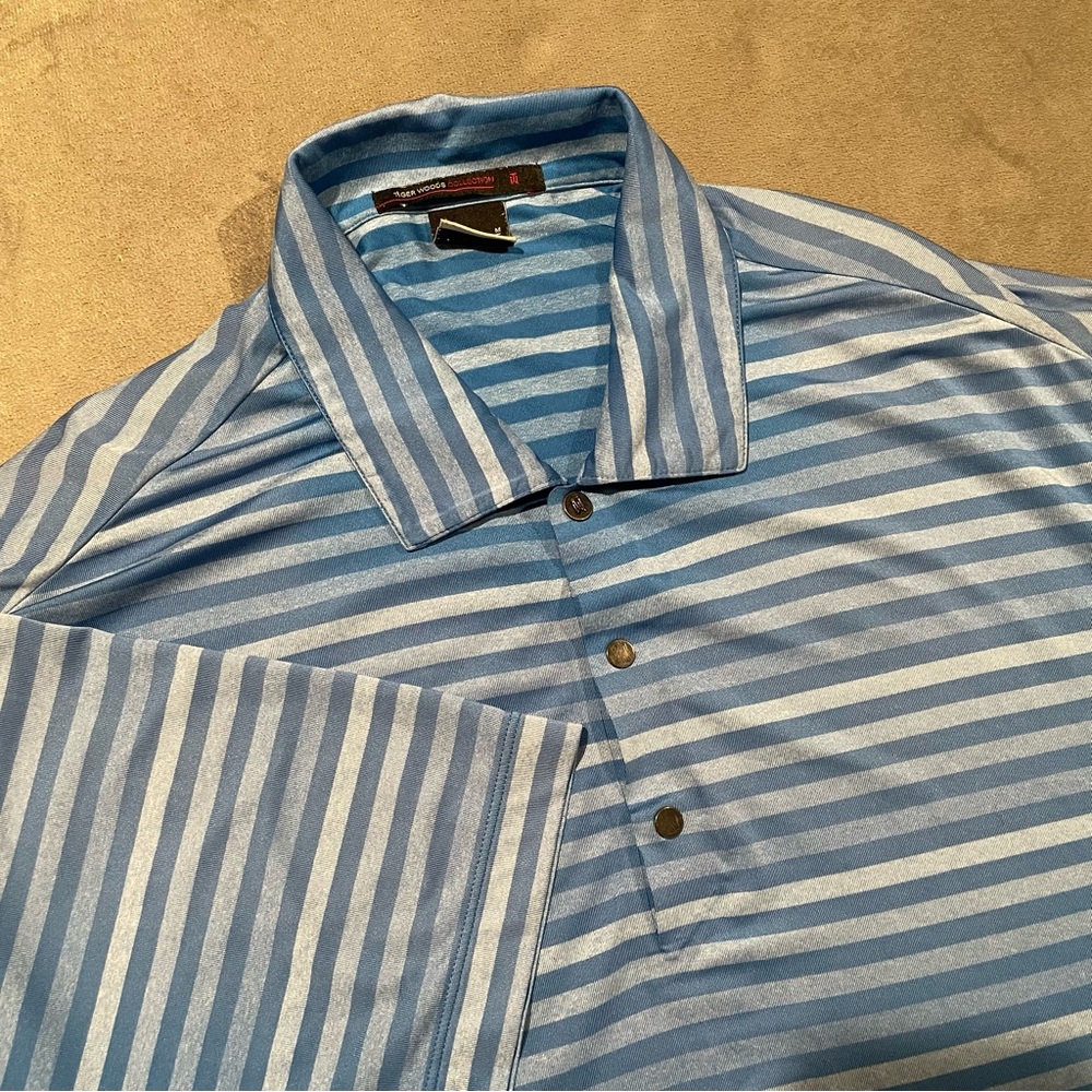 Tiger Woods Collection Nike DriFit Polo Shirt Mens M Blue Snap Golf Stretch